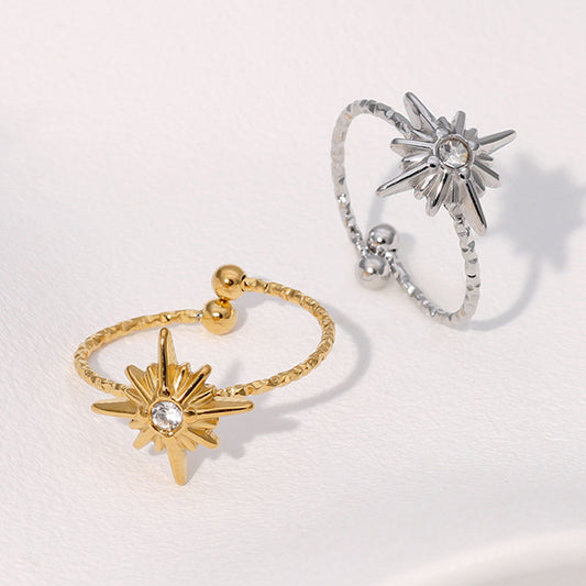 Anello aperto minimalista da donna a forma di stella in acciaio inossidabile con intarsio di strass