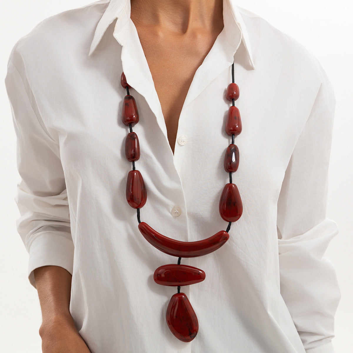Exaggerated Geometric Oval Resin Pendant Long Necklace with Adjustable Wax Cord for Women
