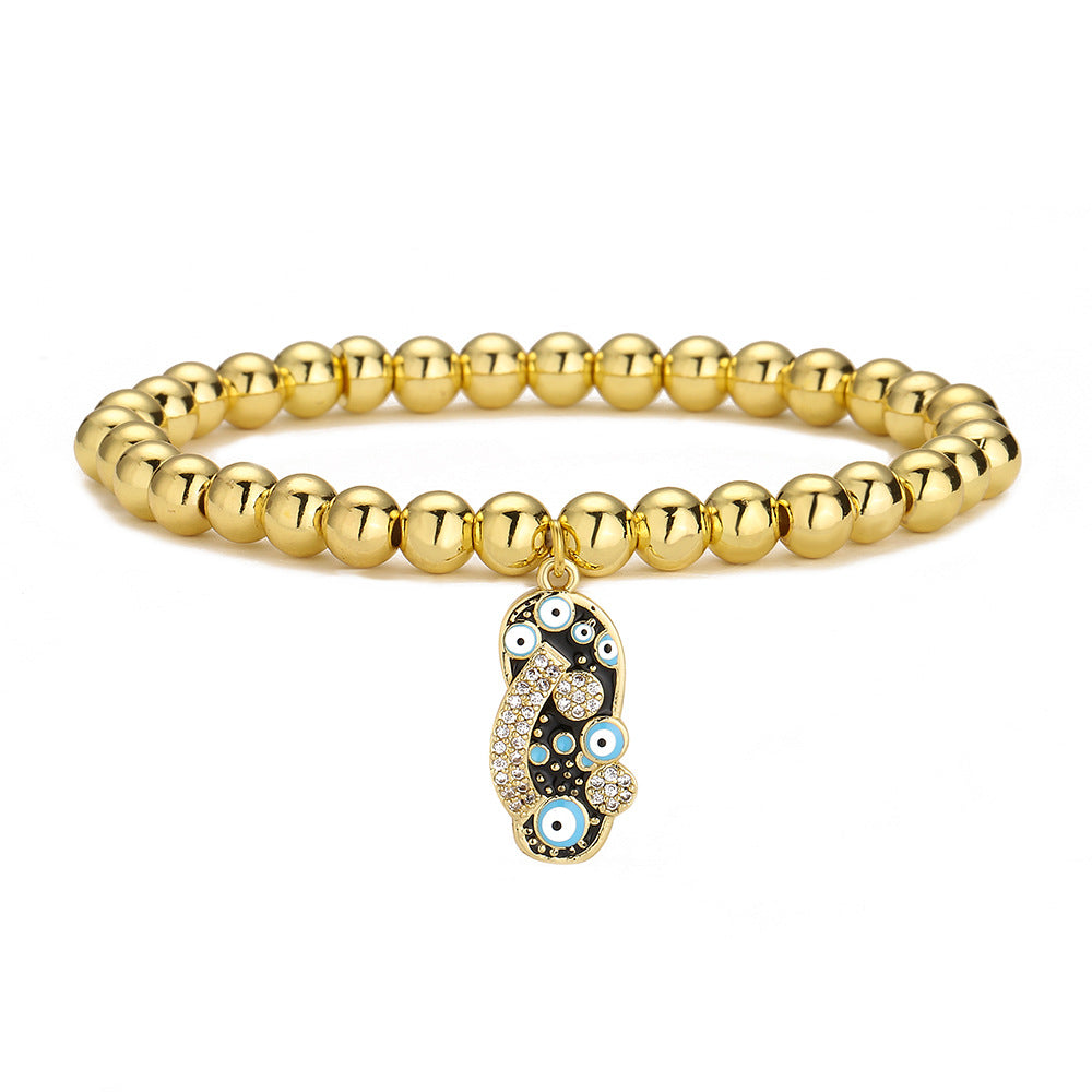 Minimalist Geometric Pendant Bracelet for Women with 18K Gold Plated Copper Beads and Enamel Zirconia Slipper Charm
