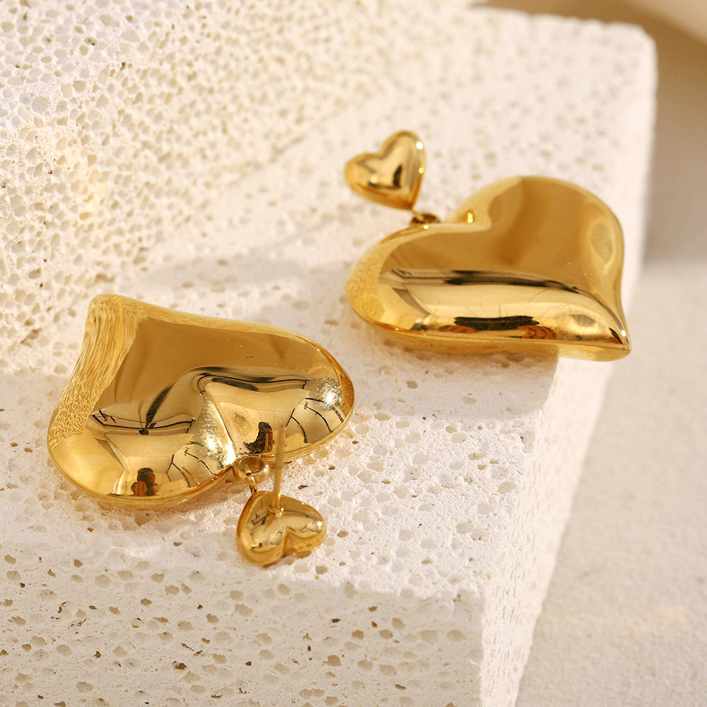 Minimalist French-Inspired Stainless Steel Heart-Shaped Earrings with 18K Gold Plating for Women