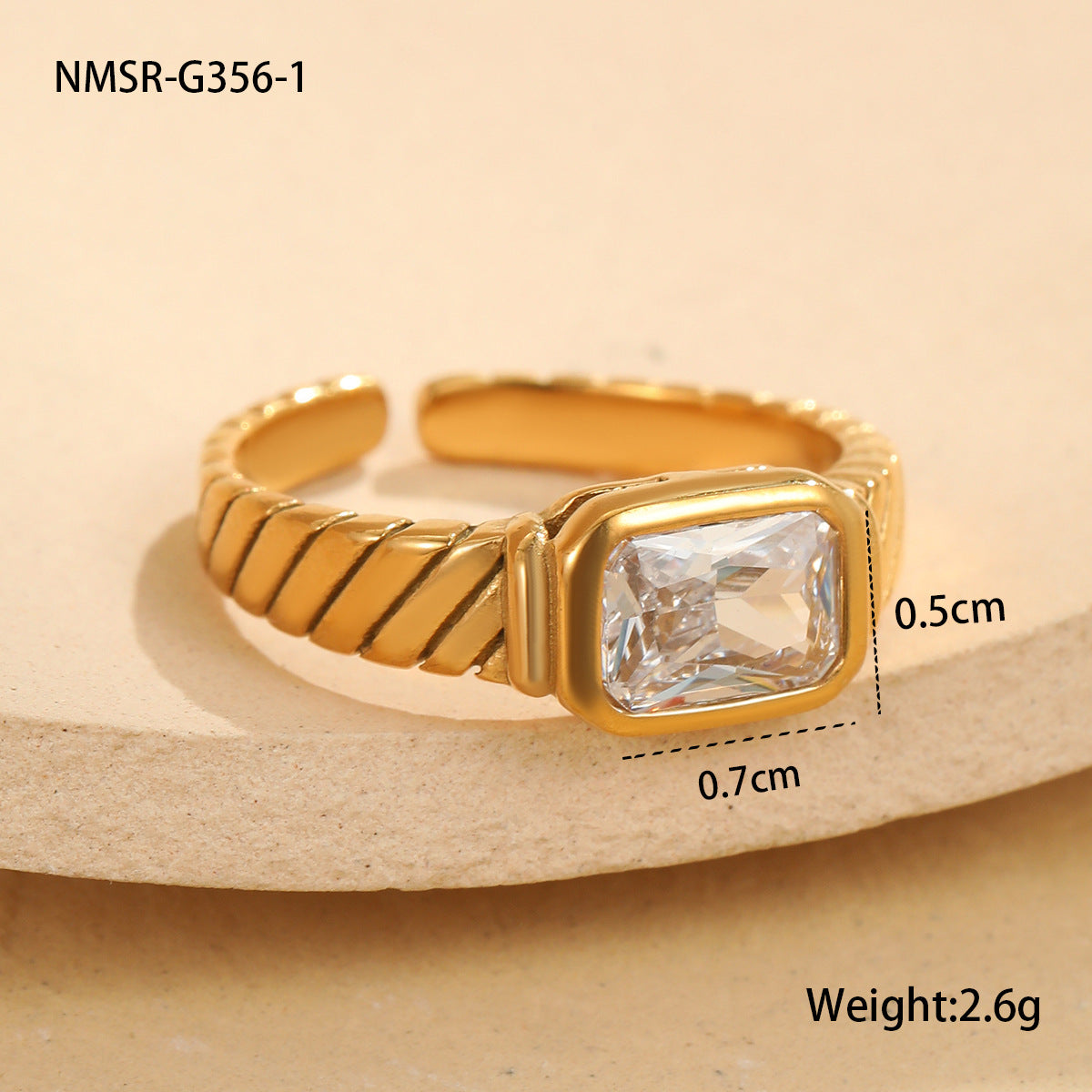 Anillo cuadrado de circonita geométrica vintage de acero inoxidable con chapado en oro de 18 quilates para mujer