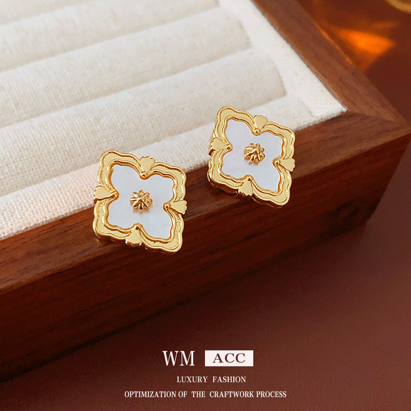 Chic Minimalist Rhombus Floral Geometric Mother-of-Pearl Earrings with Gold Plated Copper Base and Stainless Steel Posts for Women