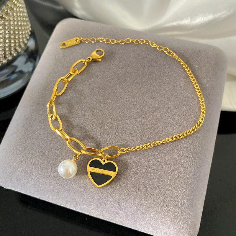 Minimalist Luxury Heart Plated Titanium Steel Bracelet Black and White Mother of Pearl Design Unisex