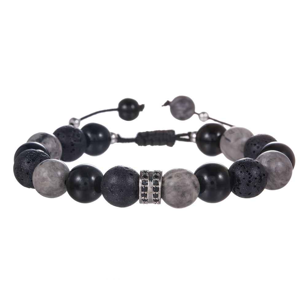 Vintage 10mm Round Stone Beaded Bracelet with Brass and Cubic Zirconia Inlay Adjustable Unisex Jewelry