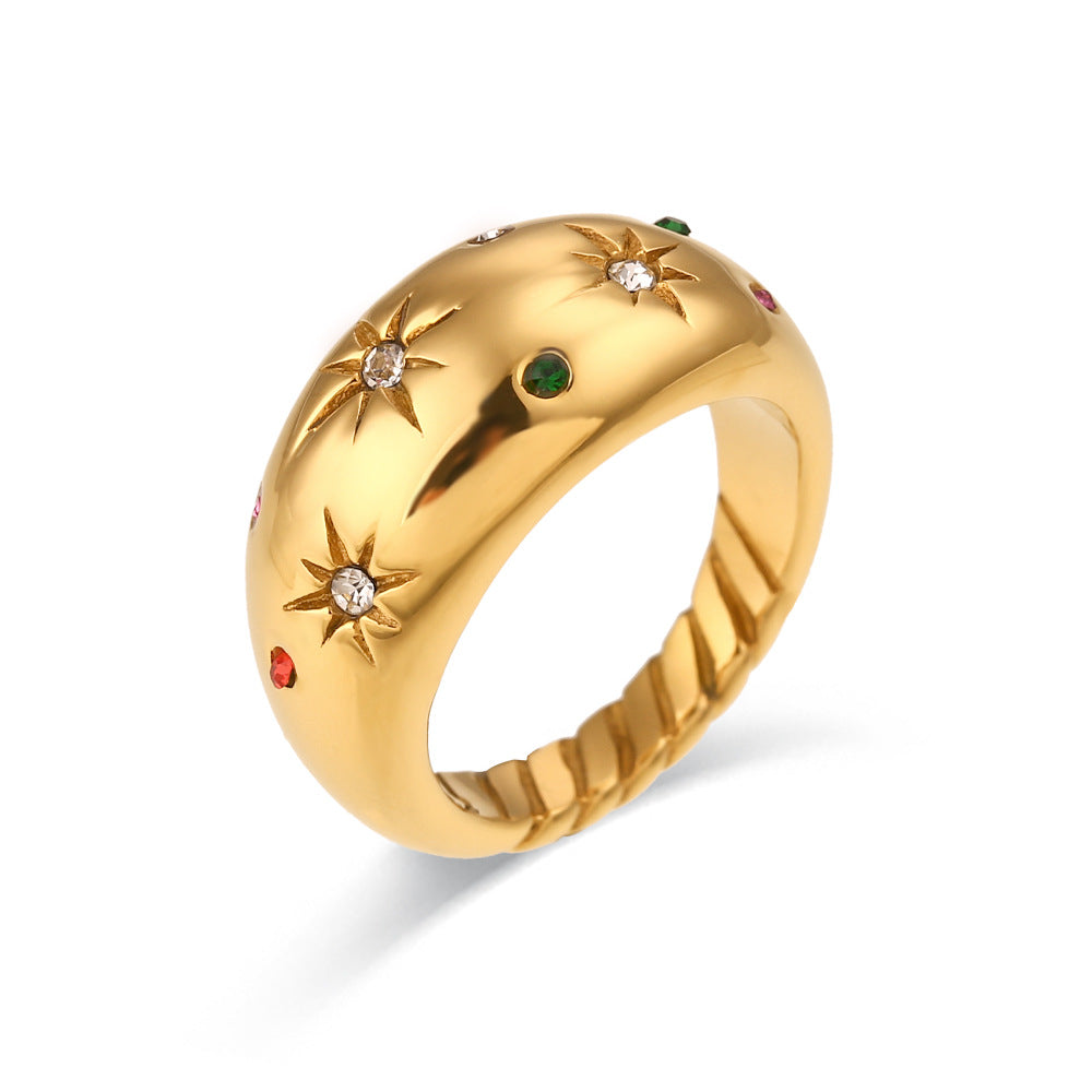Anello da donna a stella con geometria alla moda in acciaio inossidabile placcato oro 18K con intarsio di strass colorati