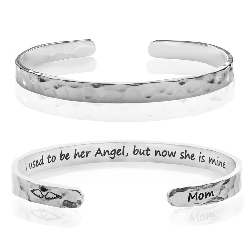 Minimalist Stainless Steel Engraved Open Moon Surface Textured Hammered Bracelet