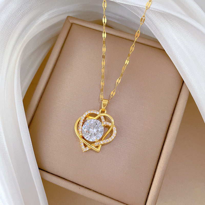 Collar de acero inoxidable de doble capa con forma de corazón e incrustaciones de diamantes de imitación para mujer, cadena de clavícula minimalista y elegante