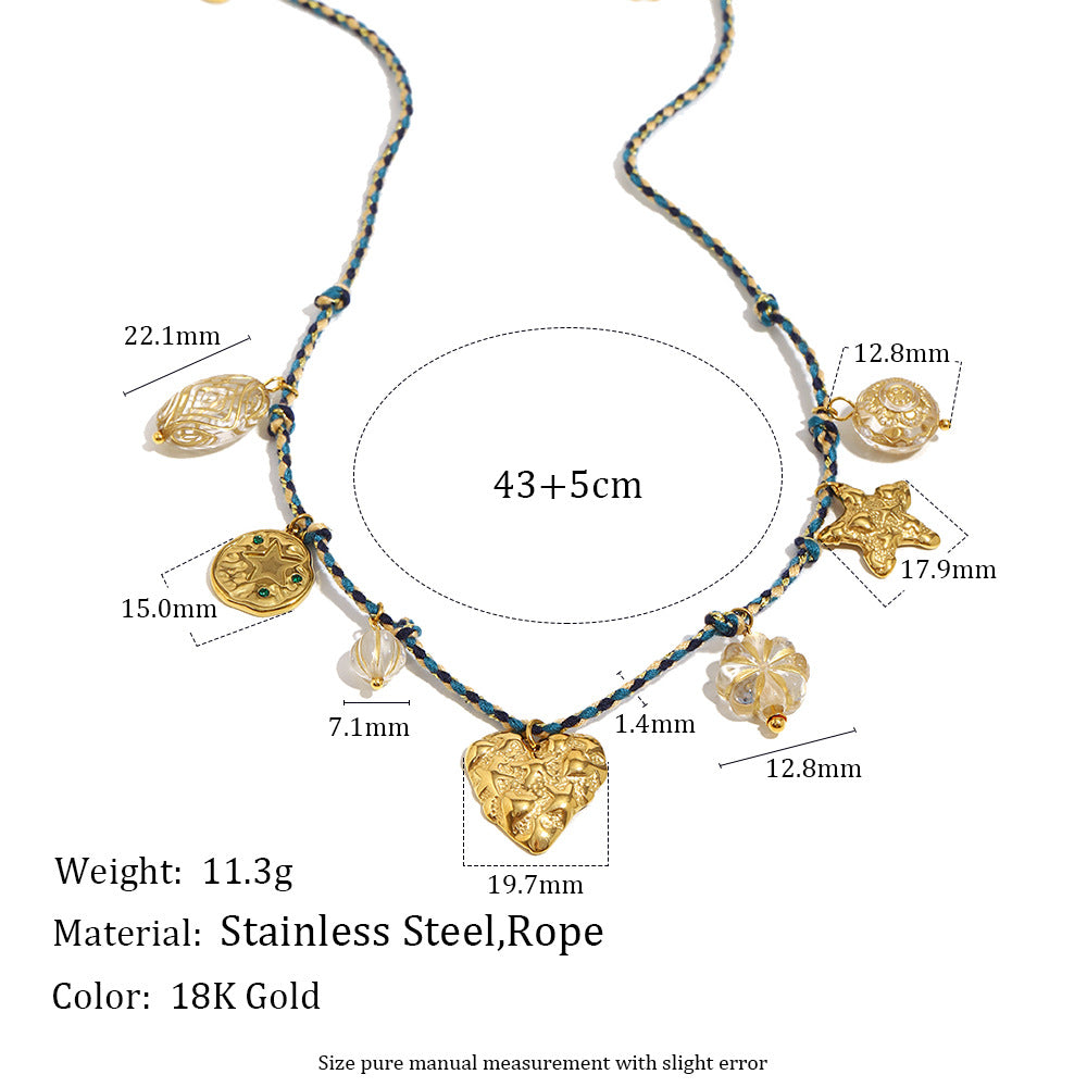 Collana con ciondolo a cuore minimalista placcato oro 18 carati in acciaio inossidabile con cordino colorato e perline retrò