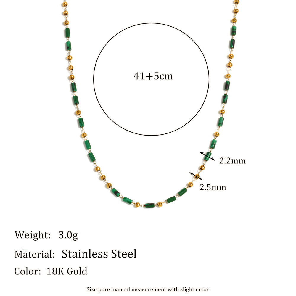 Vintage French Style Geometric Cylinder Pendant Necklace in Stainless Steel with 18K Gold Plating and Natural Stone Bead Accents