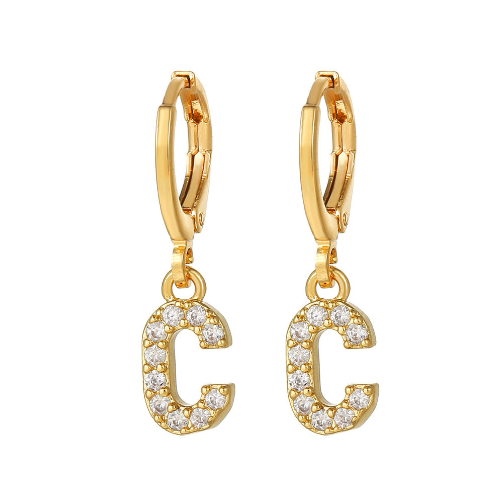 Minimalist Elegant Gold Plated Brass Micro-Inlaid Cubic Zirconia Letter Hoop Earrings for Women