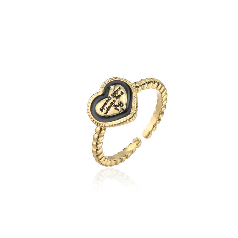 Vintage Bohemian Heart Geometric Micro-inlay Brass Ring for Women