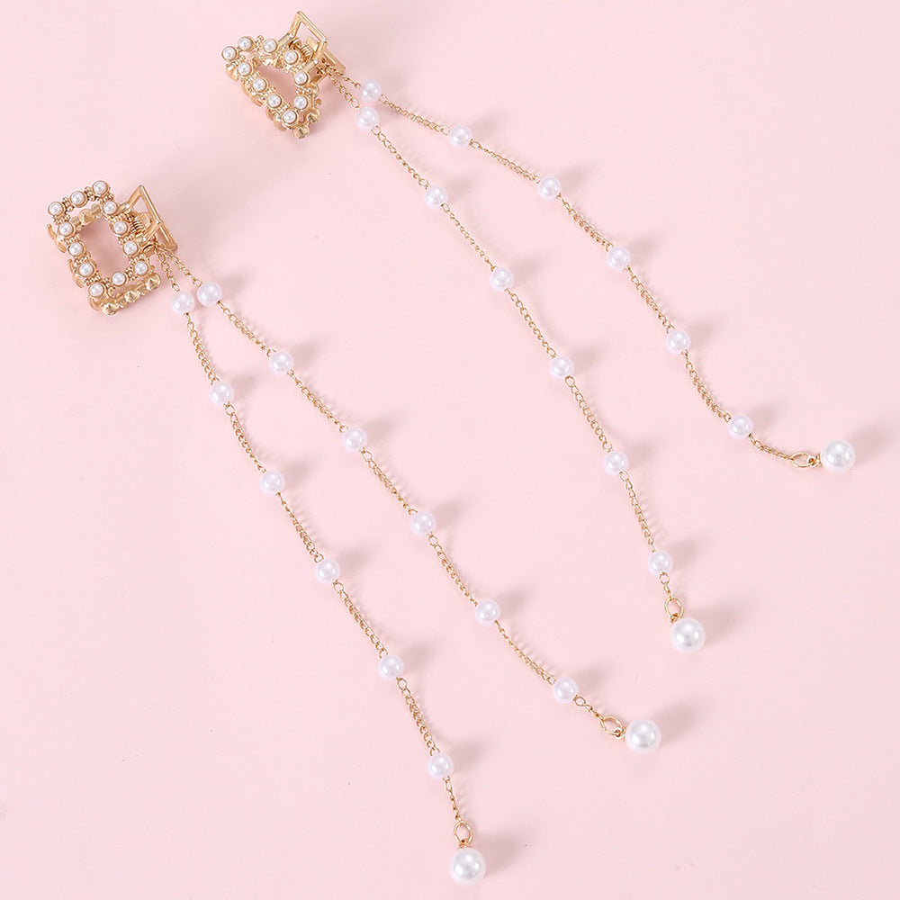 Sweet Elegant Asymmetrical Pearl Hair Clip with Tassel Metallic Hair Accessory for Girls