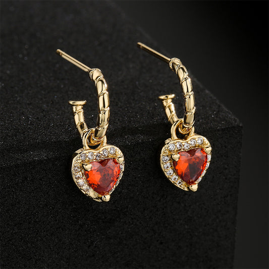 Geometric Heart-Shaped Copper Earrings with 18K Gold Plating and Four-Color Cubic Zirconia for Women