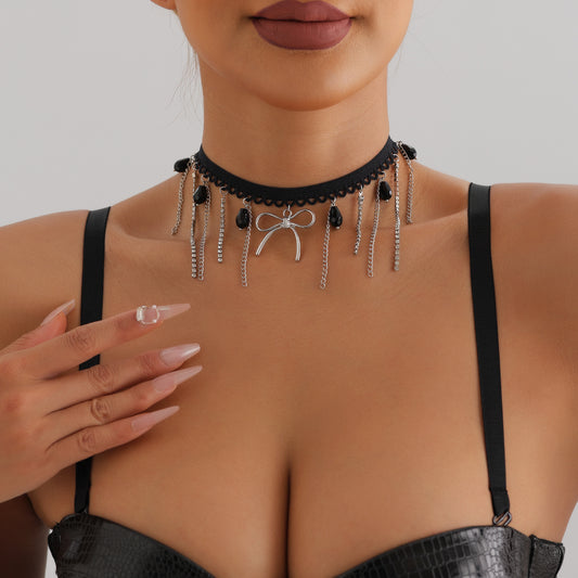 Dark Gothic Ribbon Bow Pendant Necklace for Women with Plated Alloy Charm and Delicate Clavicle Chain