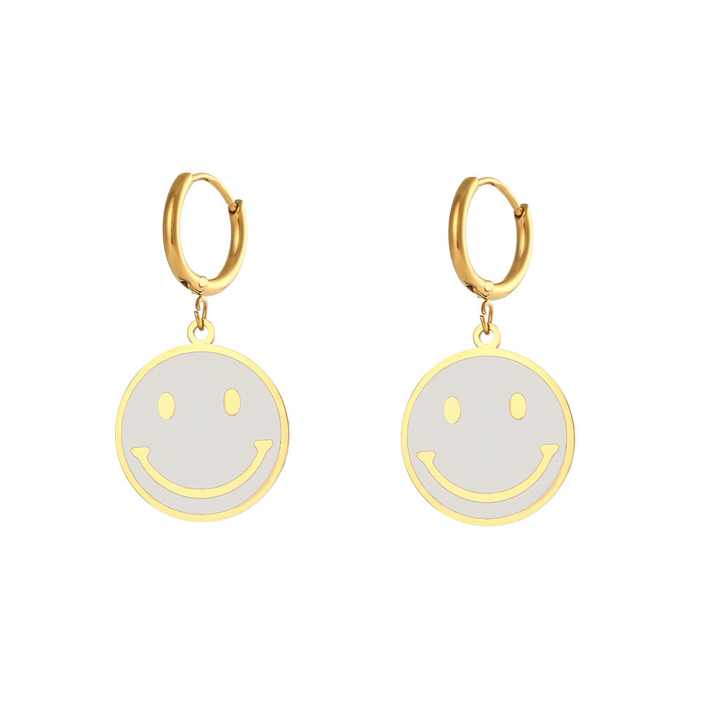 Fashionable Geometric Wheel-Shaped Stainless Steel Earrings with 18K Gold Plating and Enamel Coloring for Women