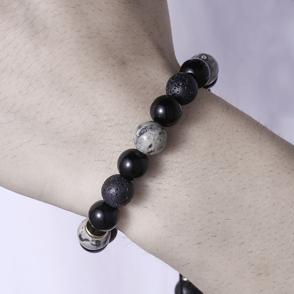 Casual Handmade Round Obsidian Volcanic Stone Beaded Bracelet 10mm Geometric Unisex Jewelry
