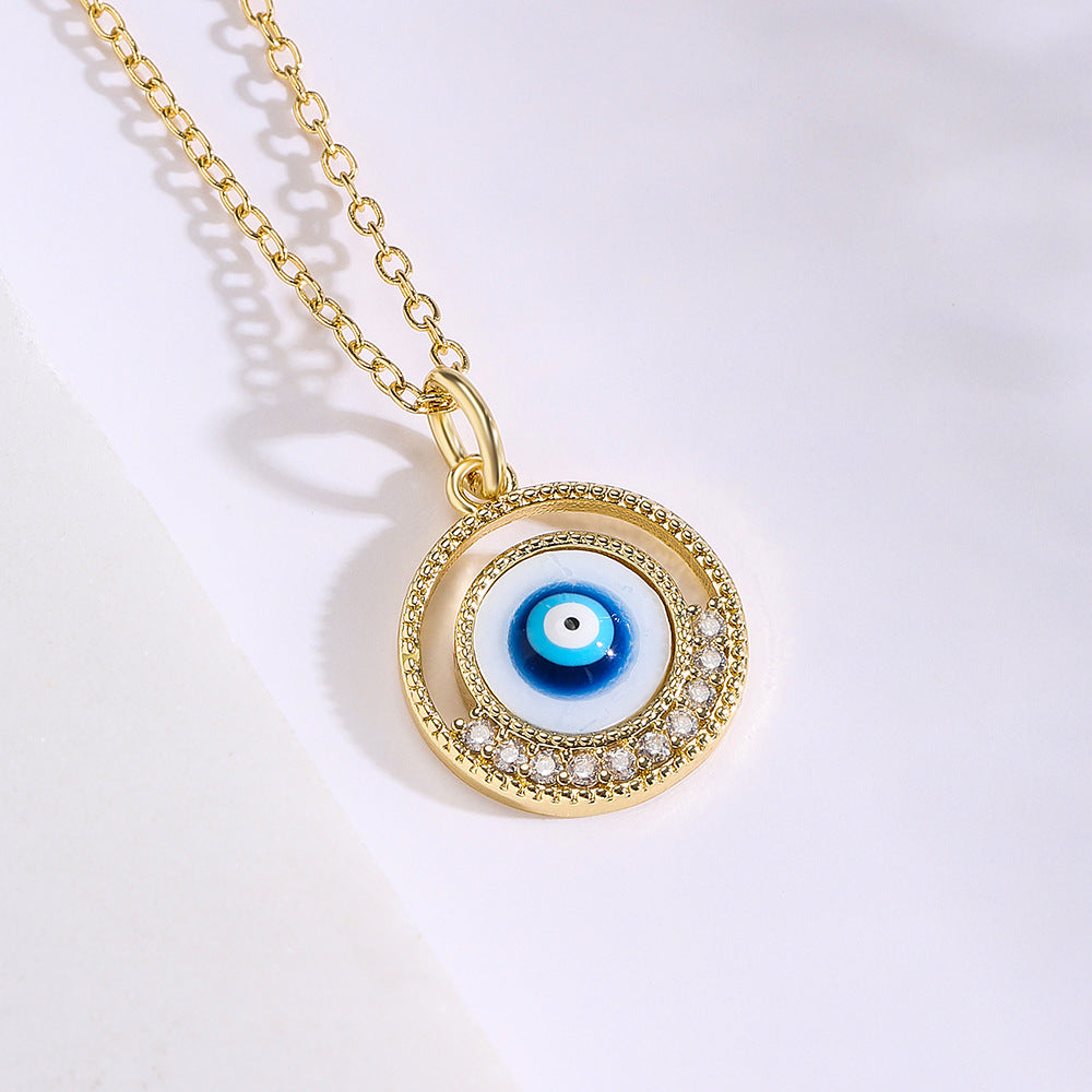 Collana pendente con occhio di Allah minimalista geometrico in rame con smalto e intarsio di zirconi per donna