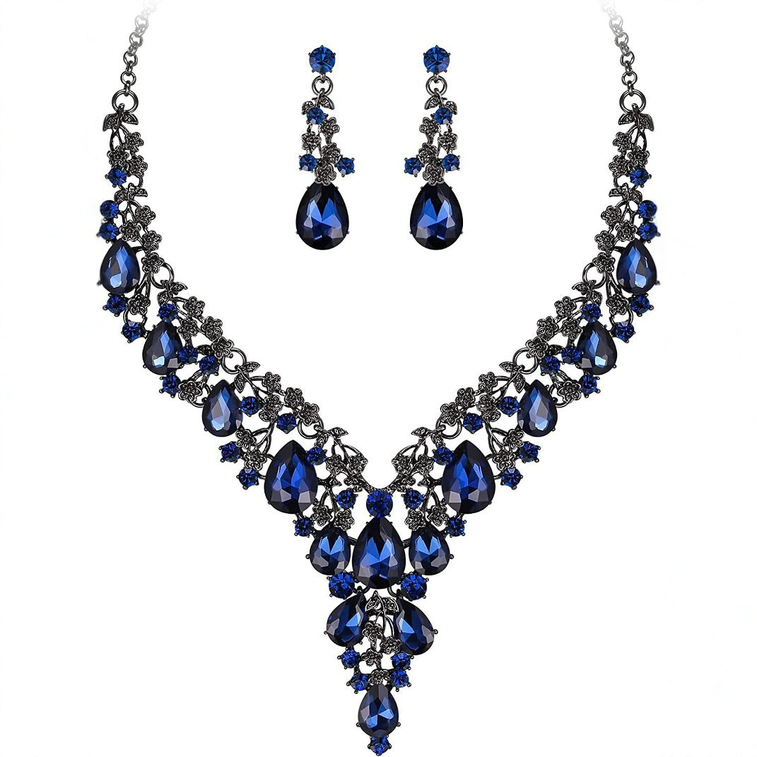 Fashion OL Waterdrop Pendant Necklace and Earrings Set for Women with Rhinestone Inlay on O-Chain for Wedding Evening Gown Formal Occasions