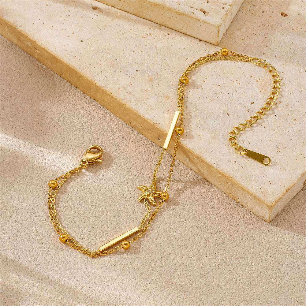 Fashion Elegant Star Rhinestone Gold Plated Stainless Steel Irregular Layered Bracelet for Women
