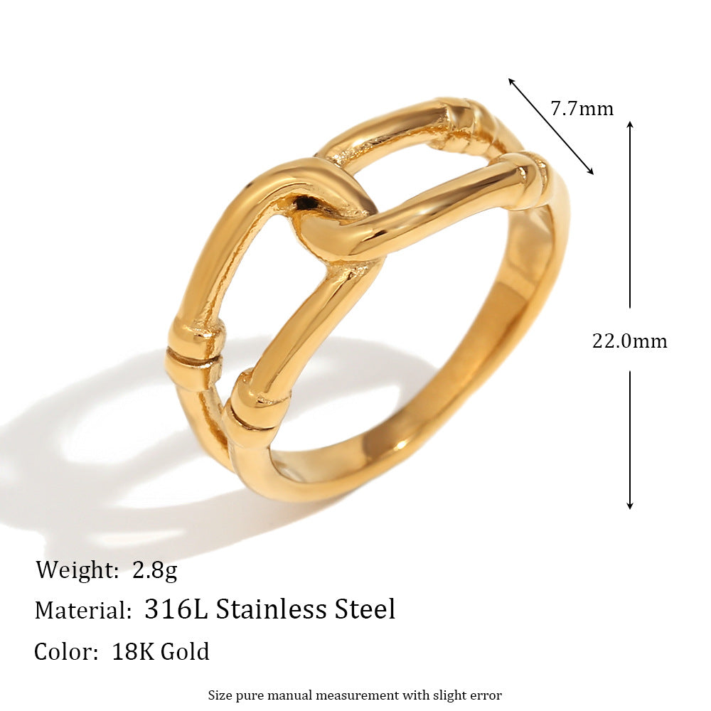 Anillo minimalista de acero inoxidable geométrico con baño de oro de 18 quilates, diseño trenzado hueco de doble capa para mujer