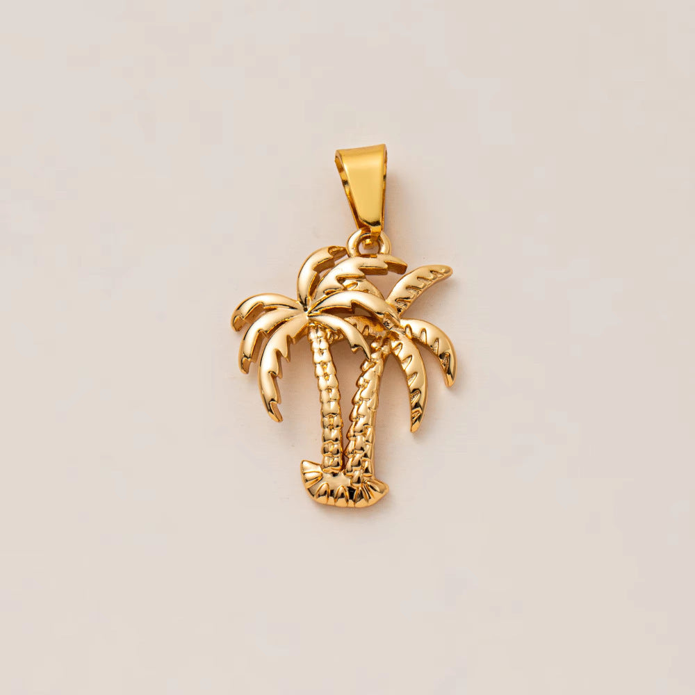 Minimalist Luxury 18K Gold Plated Brass Pendant Necklace with Coconut Tree and Fish Design for Unisex