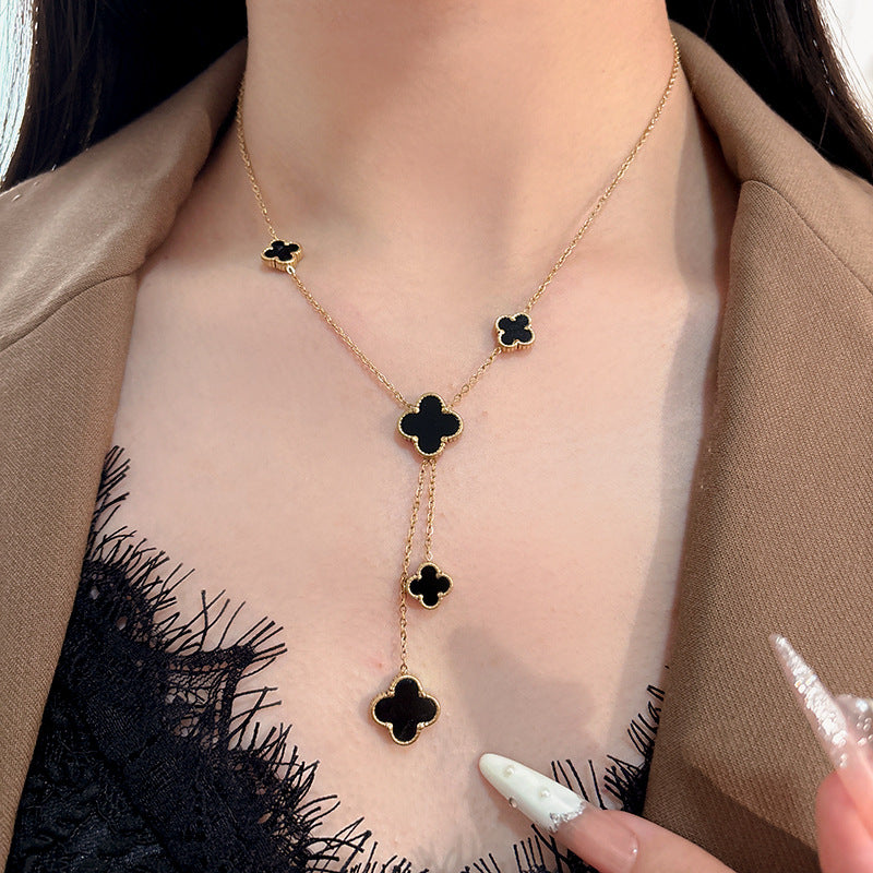 Elegant Gold Plated Titanium Steel Four-Leaf Clover Tassel Necklace for Unisex