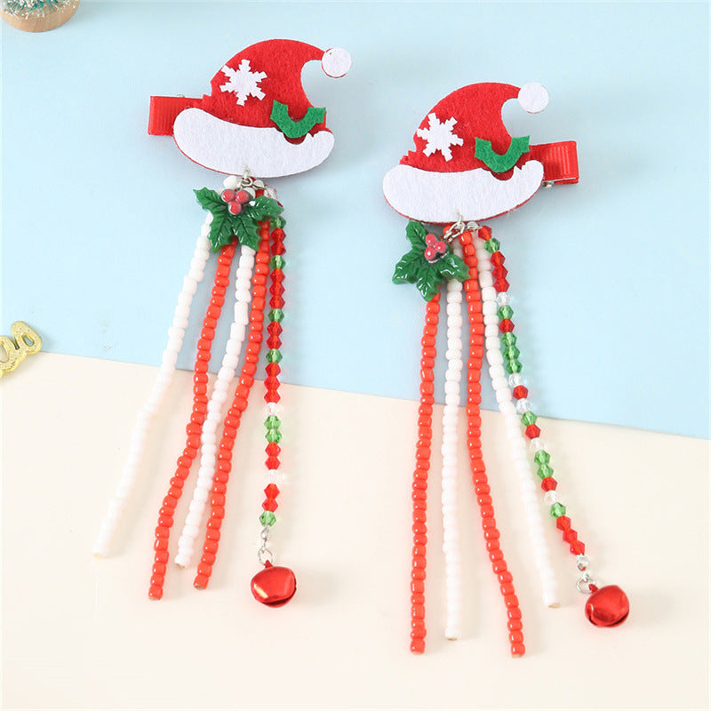 Fermaglio per capelli a forma di albero di Natale per bambini con nappe e perline di vetro in colore verde, stile festivo per le vacanze