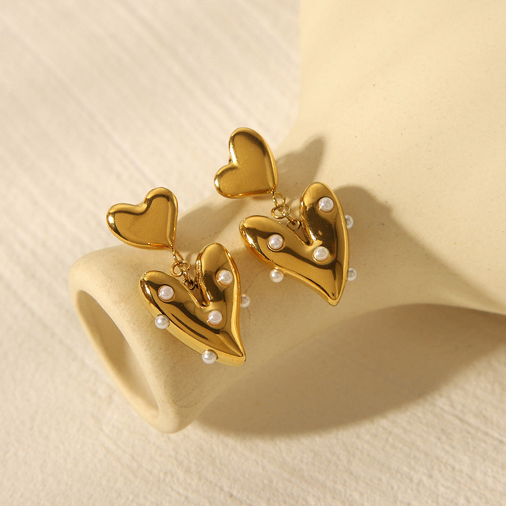 Fashion 18K Gold Plated Stainless Steel Heart Pearl Stud Earrings for Women