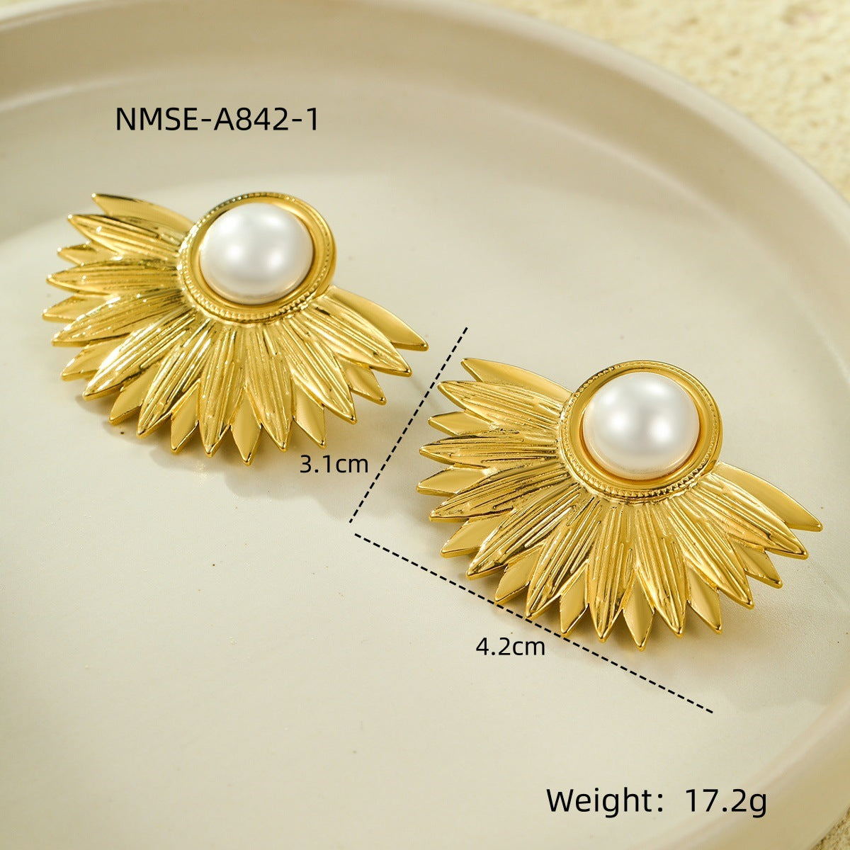 Vintage Stainless Steel Fan-Shaped Pearl-Inlaid Minimalist Earrings for Women