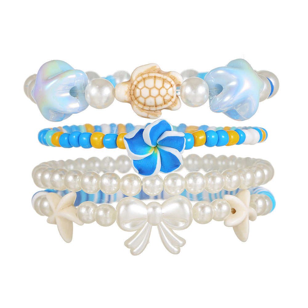 Bohemian Resin Beaded Bracelet with Turquoise Pearl Starfish Turtle and Bow Geometric Design