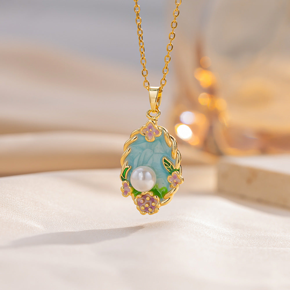 Elegant French Vintage Style Enamel Floral Pendant Necklace with Titanium Steel Chain and Camellia Design
