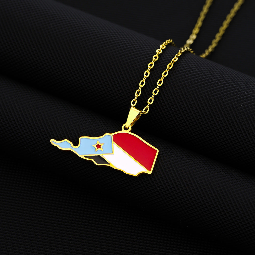 Collana con Pendente a Mappa dello Yemen Geometrica Stile Etnico in Acciaio Inossidabile con Pendente in Acciaio al Titanio e Finitura Elettroplaccata su Catena a Maglie O