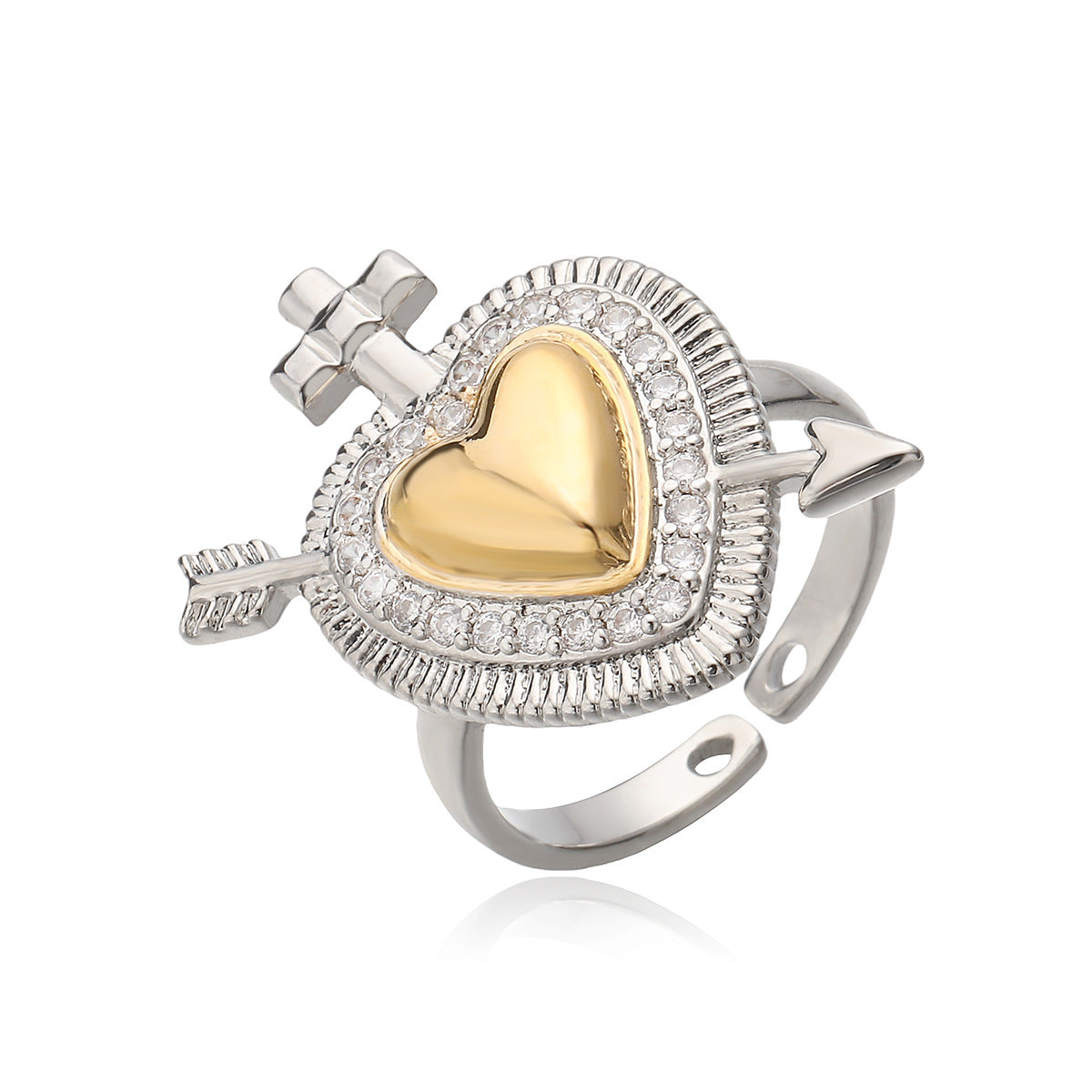 Anello in Rame a Forma di Cuore Geometrico Minimalista da Donna con Placcatura Bicolore e Dettagli Micro-Pavé