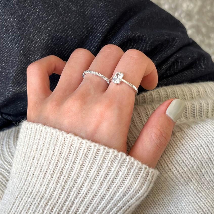 Anillo de circonitas geométrico minimalista de plata de ley 925 para mujer, apilable, de joyería fina, estilo Instagram