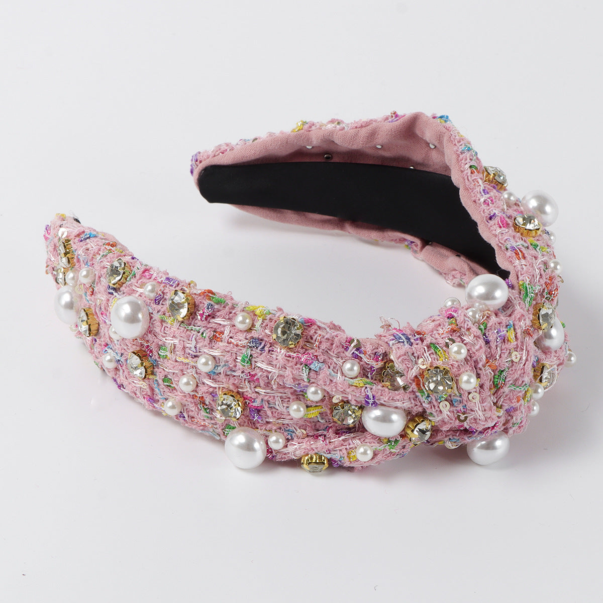 Cerchietto in Tessuto Dolce-Audace con Strass e Impreziosimenti in Perle Sintetiche, Design a Linee Geometriche, Fascia Larga con Nodo, Accessorio per Capelli da Donna