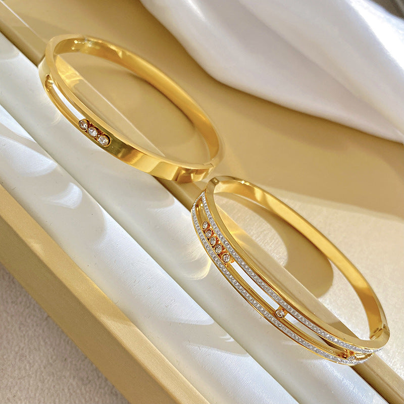 Minimalist Titanium Steel Geometric Bracelet with Micro-Inlaid Cubic Zirconia and Plated Finish