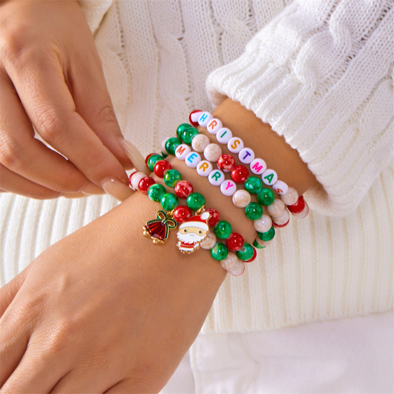 Set di bracciali in lega a tema natalizio, dolce e grintoso, con renna, fiocco di neve, albero e perle di vetro in cristallo
