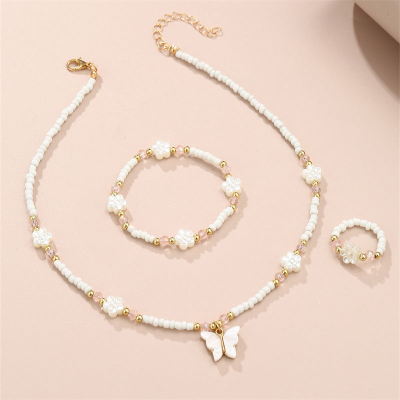 Minimalist Butterfly Pendant Necklace Set for Kids with Resin Beads and Alloy Charm on Ball Chain