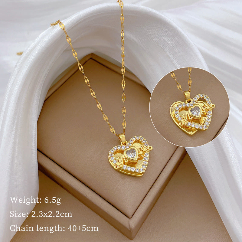 Collana di lusso in acciaio al titanio con cuore geometrico, strass e catena a labbra per donne e uomini