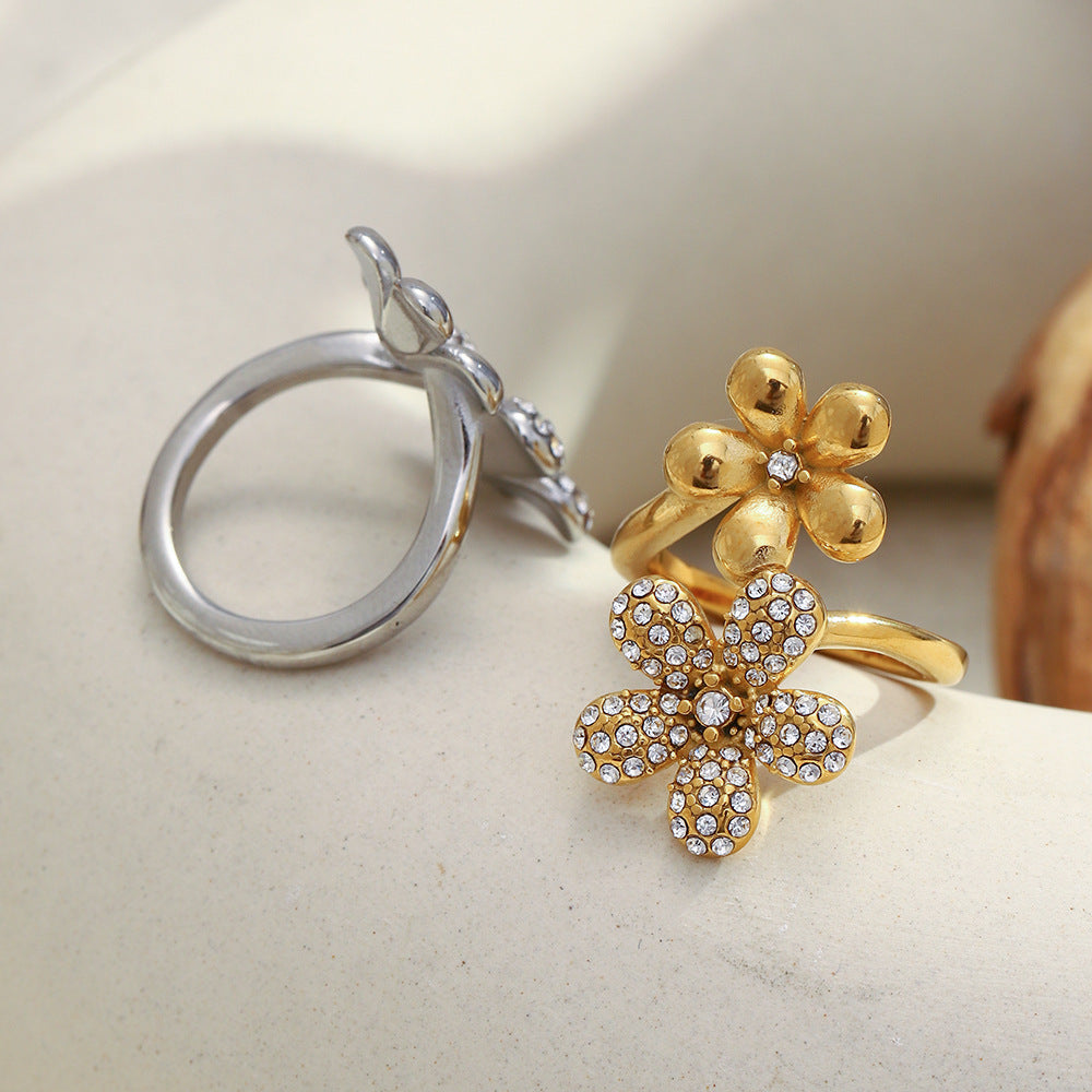 Minimalist Floral Stainless Steel Plated 18K Gold Zirconia Ring for Women