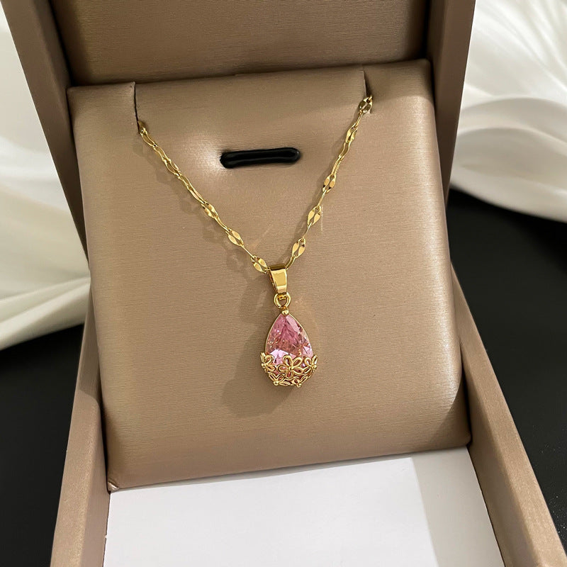 Minimalist Geometric Titanium Steel Necklace with Gold Plated Brass Pendant and Rhinestone Inlay