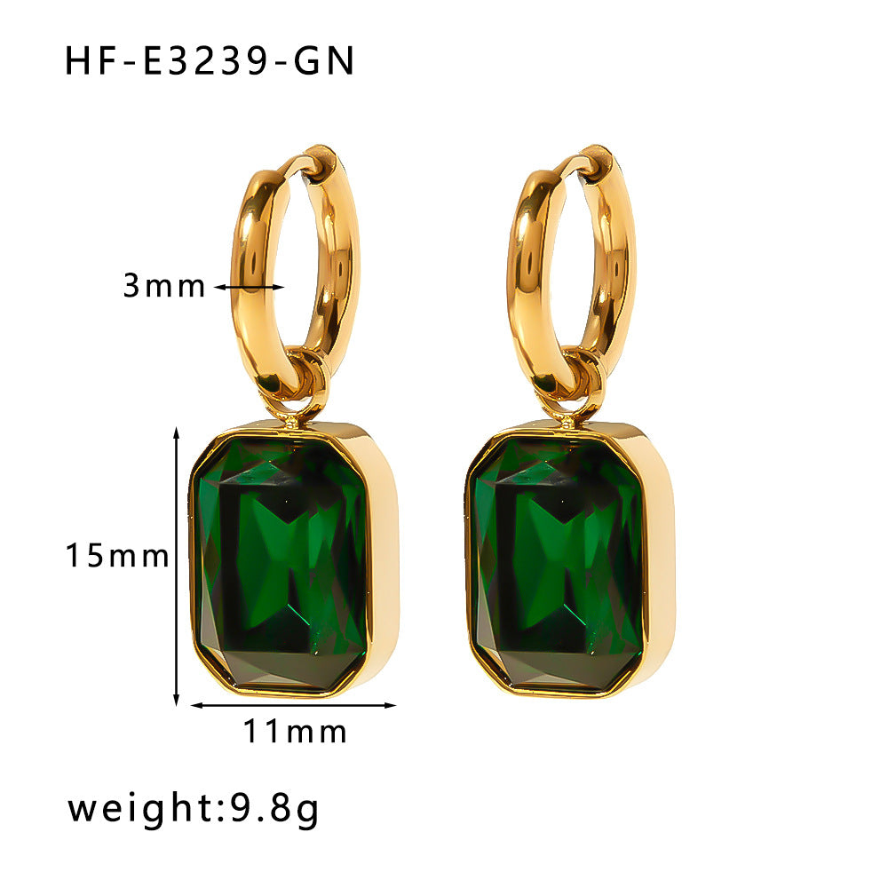 Orecchini Vintage da Donna in Acciaio al Titanio con Smeraldo Verde a Cuore, Zirconia Incastonata, Finitura Placcata e Design Elegante Minimalista