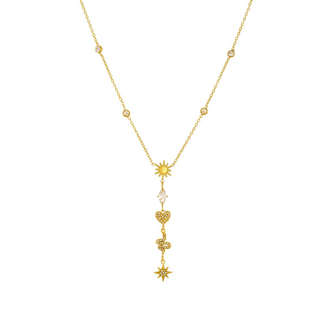 Vintage Gold Plated Stainless Steel Star Heart Rhinestone Pendant Necklace for Women
