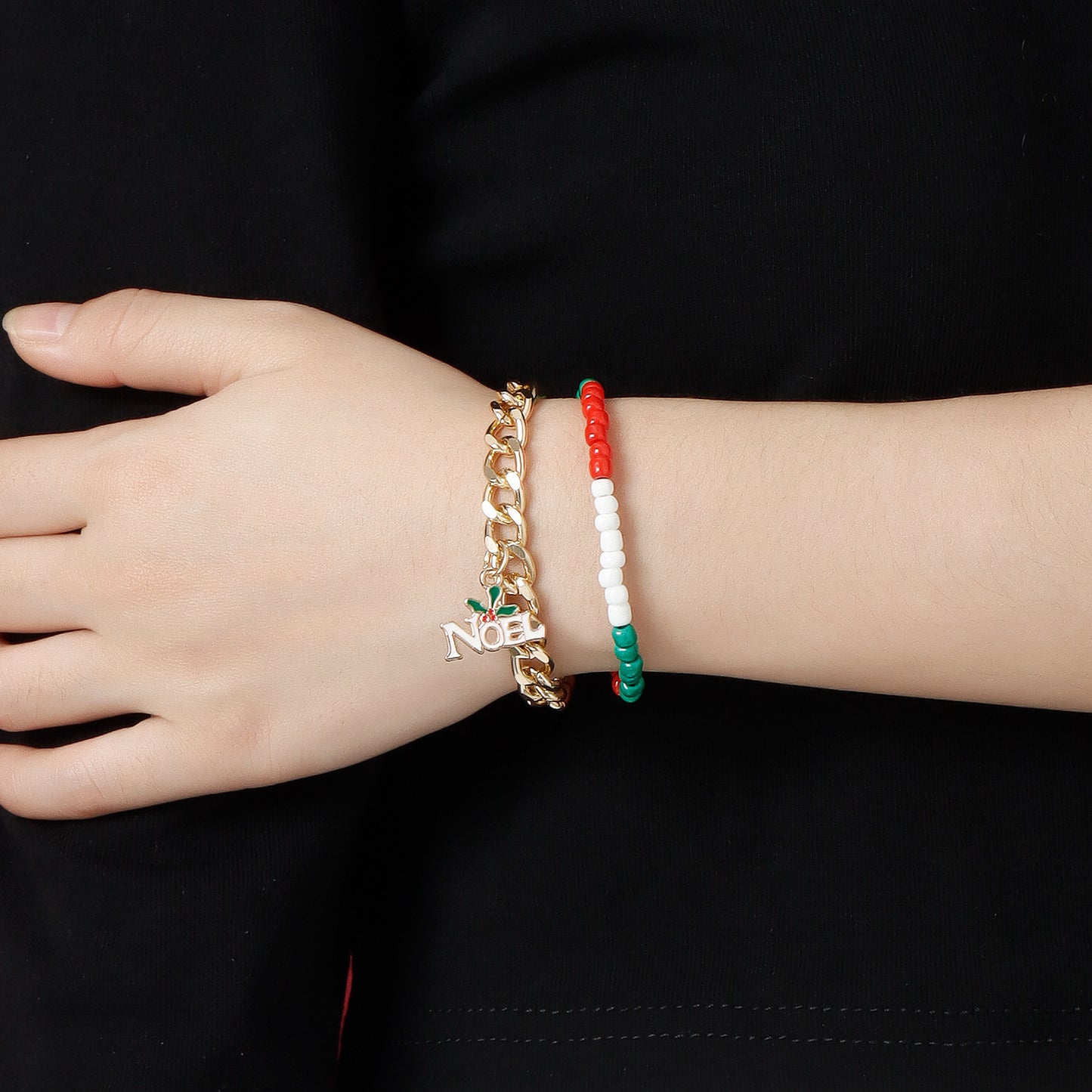 Minimalist Creative Double-Layer Bracelet for Women with Alloy Deer and Letter Pendant, Electroplated Finish, Christmas and New Year Themed