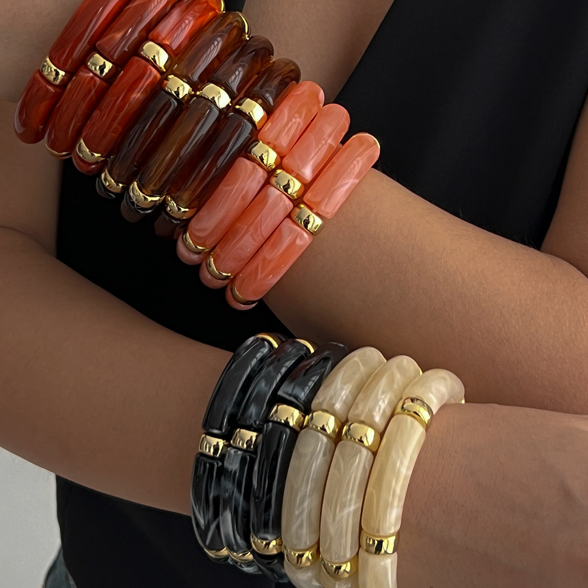Set di braccialetti a polsino rigido da donna geometrici minimalisti con perline, in lega di zinco con finitura placcata