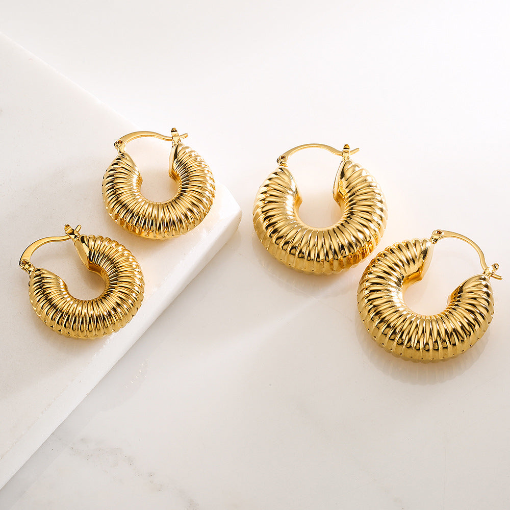 Vintage-Style Geometric Copper Hoop Earrings with Real Gold Plating for Women