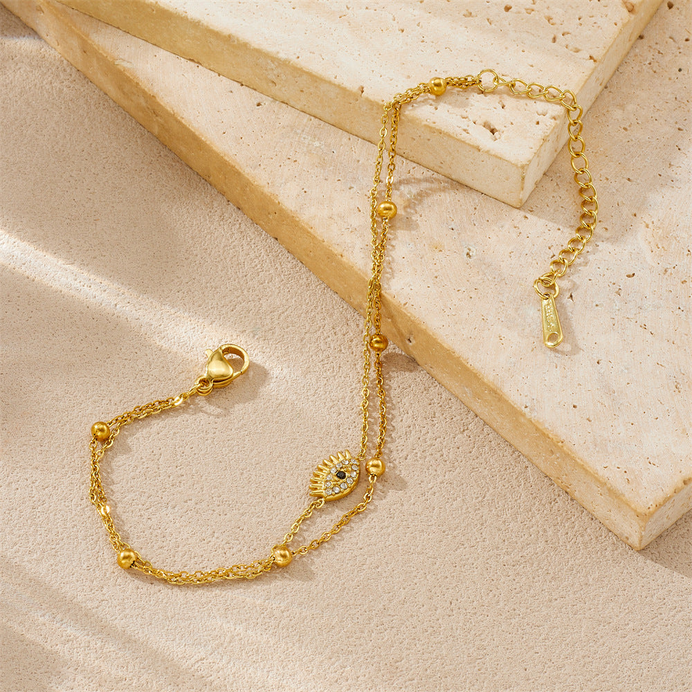 Minimalist Elegant Gold Plated Stainless Steel Rhinestone Evil Eye Bracelet for Women