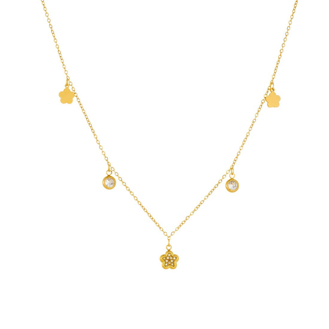 Elegant Gold Plated Stainless Steel Heart Floral Rhinestone Pendant Necklace for Women