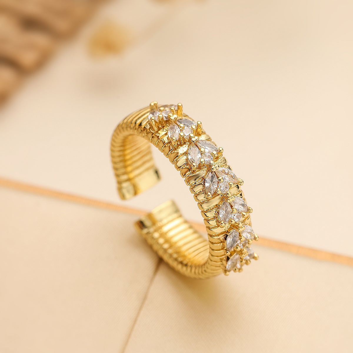 Geometric Open Ring for Women with Copper Base Plated in 18K Gold and Micro-Paved Zirconia, Fashion-Forward Minimalist Design