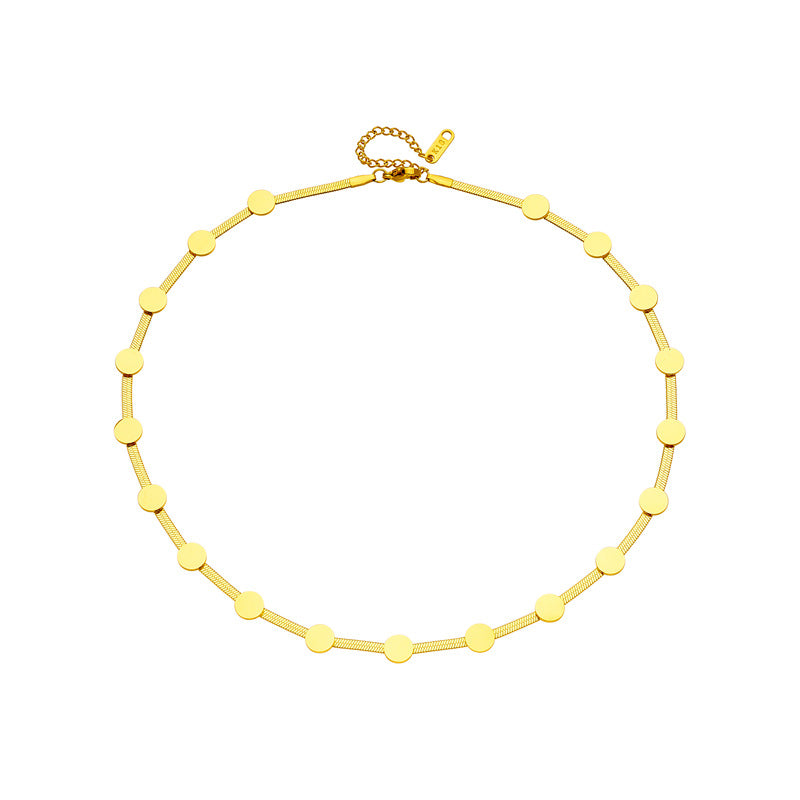 Elegante set minimalista de pulsera y collar de cadena de serpiente para mujer de acero de titanio chapado en oro con colgantes de disco redondo